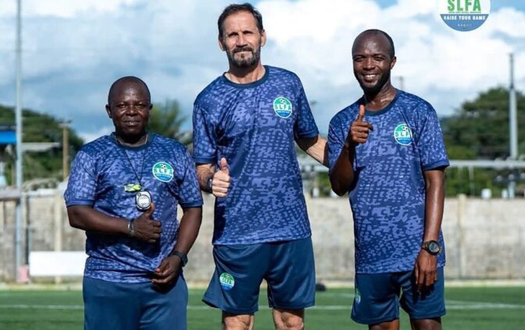 Leone Stars head coach Didier Gomes Da Rosa with home-based players at training camp